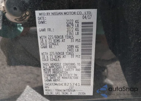 2017 Nissan Rogue Sl z USA, uszkodzony, nr VIN 5N1AT2MV8HC825741